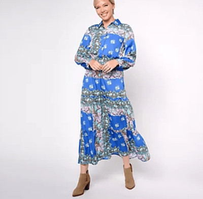 Destination 365 Printed boho Maxi Dress Collared Button Front Tiered XS NEW