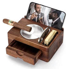 Cigar Ashtray, Wooden Cigar Ashtrays with Cigar Cutter, Phone Tablet Holder, Cig