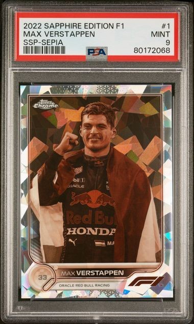 2022 TOPPS CHROME F1 SAPPHIRE EDITION #1 MAX VERSTAPPEN SSP SEPIA /100 PSA 9