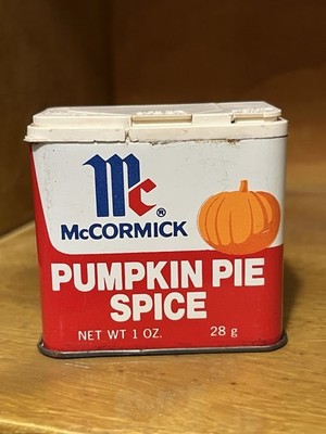 McCormick Pumpkin Pie spice tin with pumpkin pictured vintage tin (c) 1977
