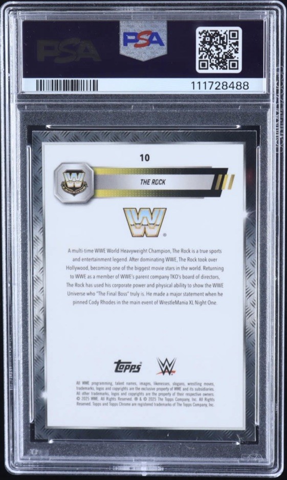 2025 Topps Chrome WWE - The Rock PSA 10 Neon Green & Black Refractor view 2