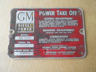 GM Diesel Power Power Take Off Metal Badge ID Plate Detroit MI General Motors