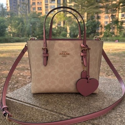 Coach Mollie Tote Bag 25 Signature Canvas With Heart Charm Sand 