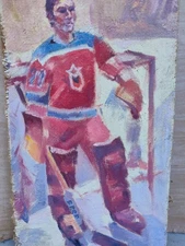 Hockey player, goalkeeper, Tretyak. Oil on canvas.