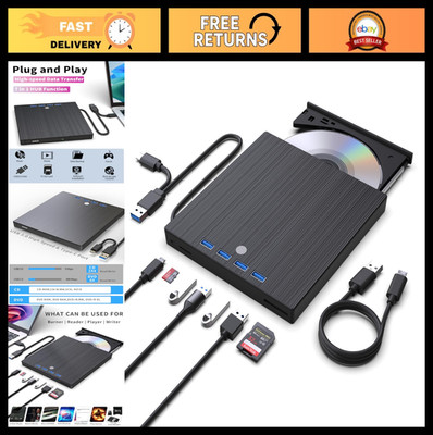 9-in-1 USB 3.0 & Type-C External CD/DVD Drive, Slim CD Burner with 4 USB Ports &