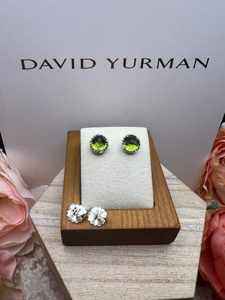 Pendientes pequeños redondos David Yurman Chatelaine de ley con peridoto .925 Foto 3 de 4