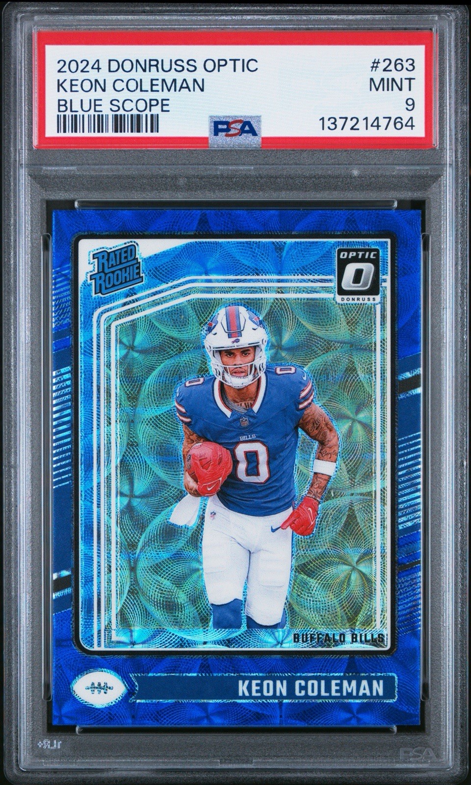 2024 Donruss Optic #263 Keon Coleman Rated Rookie RC Blue Scope Prizm PSA 9