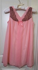 Vtg 1960s Babydoll Nightgown Pink Chiffon Dark Brown Lace Lingerie Dress S/M