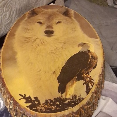 American Bald Eagle & Wolf Wooden Bark Wall Hanging  9 1/2 x 6 1/2''