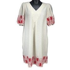 CYNTHIA ROWLEY Embroidered Linen Blend V-Neck Cream Red Shift Dress S
