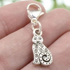 Silver Cat Clip-on Charm Lobster Clasp Sitting Cat Purse Pet Collar Gift