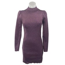 ASTR The Label Purple Metallic Long Puff Sleeve Sweater Mini Bodycon Dress Sz M