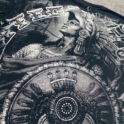 VTG Mayan Aztec Warrior Tribal Shirt Mens XL Black Double Sided All Over Print