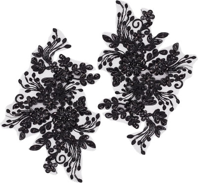 2Pcs Pearl Flower Embroidery Lace Patches 3D Floral Black Floral Embroidered Sew