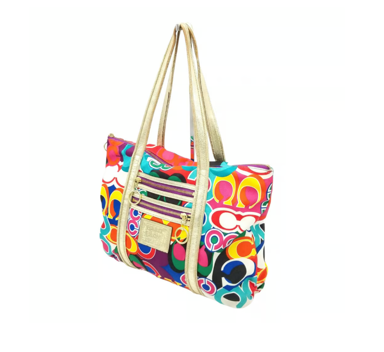 Coach Poppy Canvas Multicolor Signature C Print Tote With Zip Top