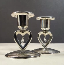 Silver Heart Pillar Candle Holder Set of 2 with Hanging Crystal Drop 3.5 in High
