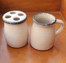 New Ceramic Cream Color  Speckled Blue Rim Toothbrush Holder And Cup