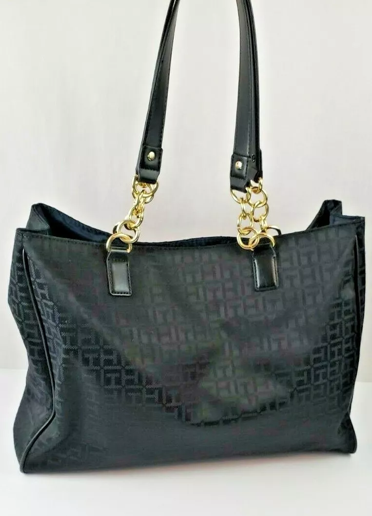 Hilfiger Black Jacquard Signature Tote Gold Straps Pockets Large | eBay