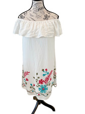 CANDALITE Boho Off-the-Shoulder Embroidered Floral White Dress Lined ~ Medium