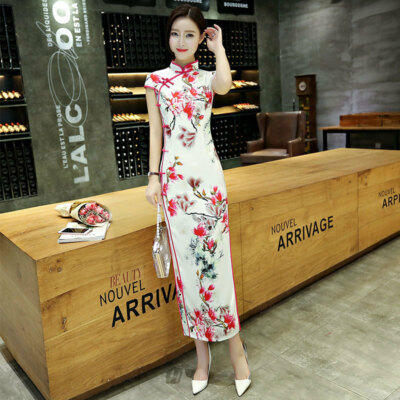 Women Double-Layer Eight-Button Short-Sleeve Long Cheongsam Catwalk Qipao Dress