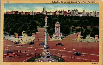1930s NEW YORK CITY COLUMBUS CIRCLE CENTRAL PARK AUTOS LINEN POSTCARD 38-7