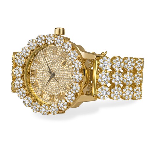 Mens Genuine Diamond Yellow Gold Custom Flower Roman Dial Numerical Watch W/Date - Picture 3 of 4
