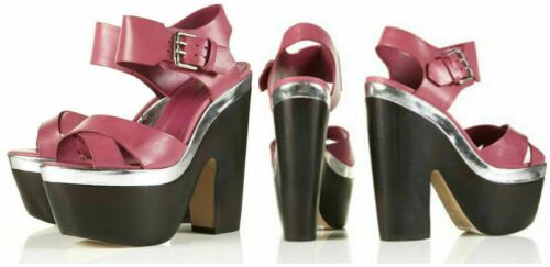 🌿 TOPSHOP LEATHER SHOES SANDALS BUCKLE CHUNKY HEEL & PLATFORM 70's UK 4 EUR 37  - Picture 1 of 3