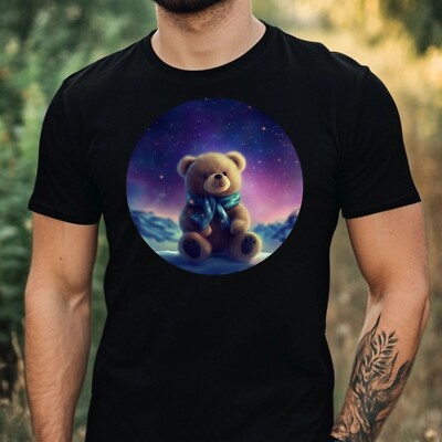Mens Teddy Bear with Northern Lights Motif Cotton T-Shirt Size XS to 5XL