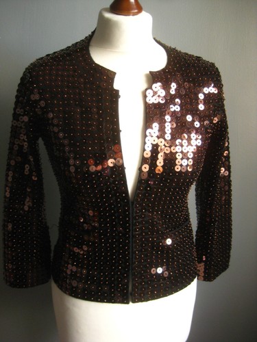 KAREN MILLEN gold JACKET 2 4 top sequins XS shiny metallic bolero bronze party - Picture 9 of 12