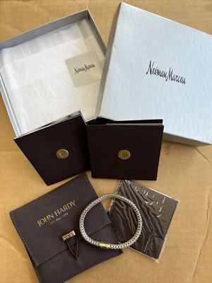 John Hardy 925 Silver & 18K Solid Yellow Gold Foxtail Bracelet Box Bag & Papers
