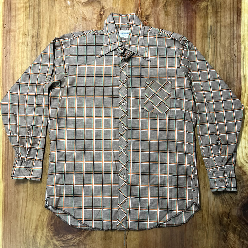 Vintage 60's 70's Manhattan shirt Men's Polyester Blend Cotton Plaid L/S I3-14