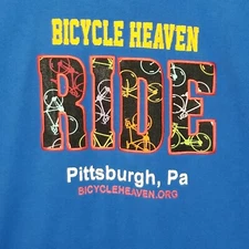 BICYCLE HEAVEN Pittsburgh PA Graphic Embroidered RIDE Jerzees T-Shirt Blue Large
