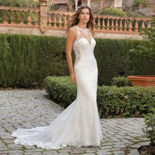 O-Neck Mermaid Wedding Dresses Appliques Illusion Buttons Lace Bridal Gowns New