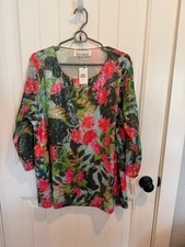 Caroline Rose 1X Floral Sequin Mesh Tunic Top NWT Pink Green Made in USA