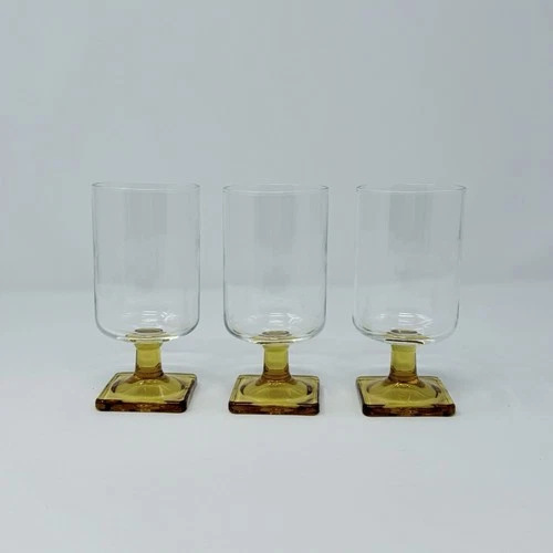 Set of 3 Vintage Federal Glass Topaz Nordic Square Base Stem Glasses Goblet MCM