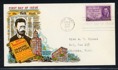 UNITED STATES FLUEGEL COVER LOT #37 1947 Joseph PULITZER Journalism FDC $$$