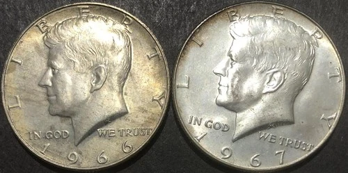 1966 1967 SILVER KENNEDY HALF DOLLAR COIN LOT UNC 2 pcs