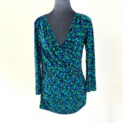 Chaus - Low Cowl Neck LS Top with Shirred Waist - Blue/Green/Black - Size S