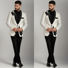 Black RhinestoneMen's White Suit Shawl Lapel Prom Outfits Wedding Tuxedo Jacket