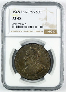 1905 Panama Silver 50 Centésimos NGC XF 45 KM# 5