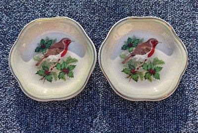 Ein Paar Palissy Royal Worcester Schmuck Geschirr Rotkehlchen Stechpalme Weihnachten