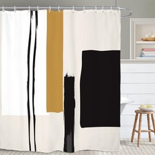 Abstract Geometric Neutral Bathroom Shower Curtain Black Beige Painting Minim...