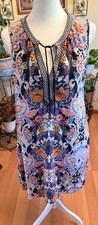 DR2 Floral Bohemian Dress Split Tie Neck Sleeveless Medium Knee Length Pockets