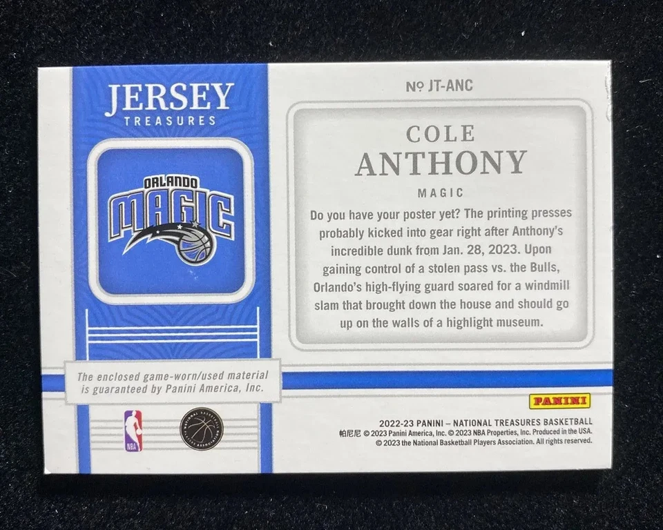 2022-23 Panini National Treasures Gu Patch #JT-ANC Cole Anthony 87/99 KM022 - Image 2 of 4