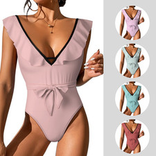 Women Solid Color One Piece Swimsuit Ruffle V Neck Tie Waist Monokini