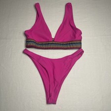 Vibrant Pink Bikini Set with Patterned Waistband Size Large