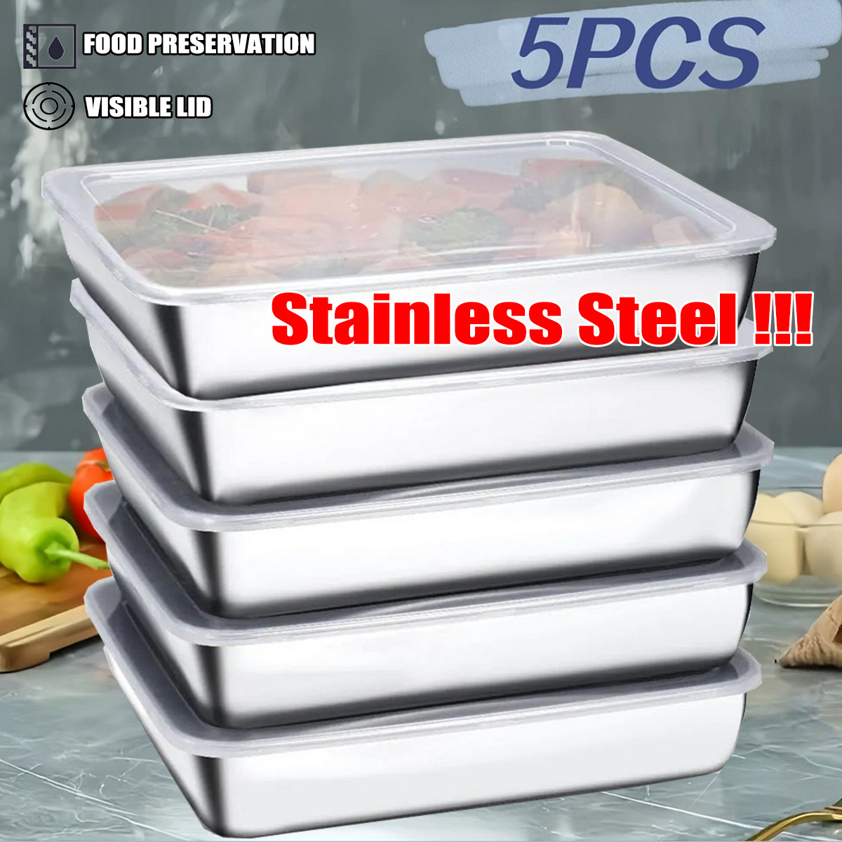 5X Large Stainless Steel Food Containers With Lids Leakproof Meal Prep Contain