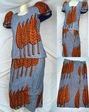 VTG 70S WOMENS ANKARA AFRICAN WAX PRINT LEAF LEAVES CAP SLEEVE SKIRT SHIRT DRESS