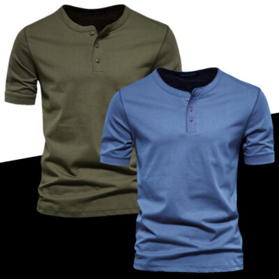 Herren-T-Shirt Mit Henley-Kragen Kurzärmelig Lockere Sommer-Freizeitbluse Z