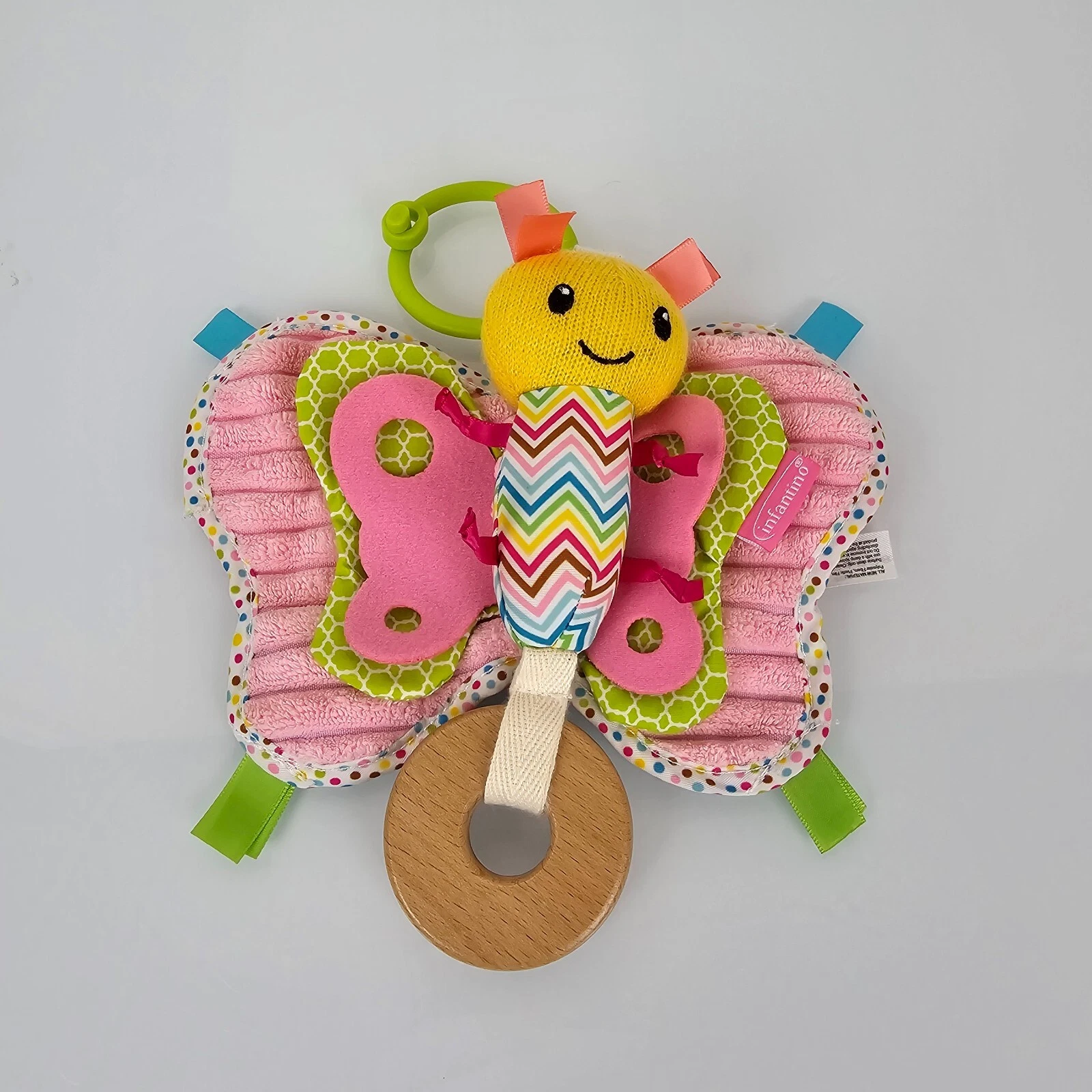 Infantino Butterfly Baby Toy Rattle Crinkle Wood Chew Teether Teething Clip on